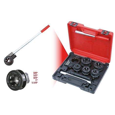 Ein Werkzeug-Set für Gewindeschneiden. Es besteht aus mehreren Teilen in einem roten Koffer und einem separaten Werkzeug mit rotem Griff.